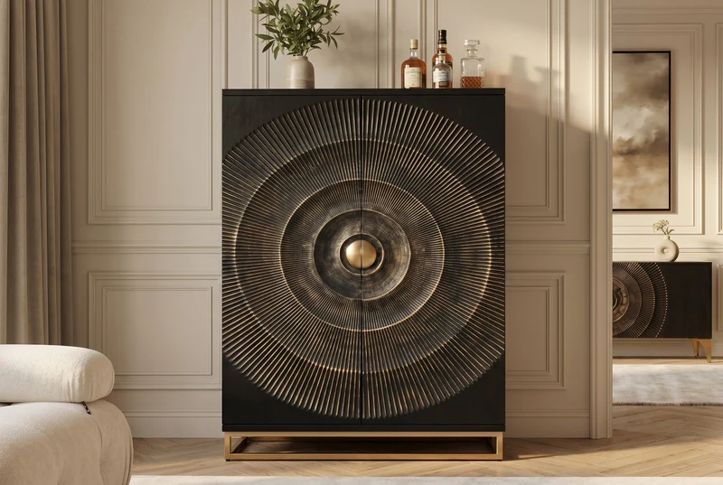 Meuble bar artisanal GOLDEN SUNSET 140cm noir doré bois de manguier massif