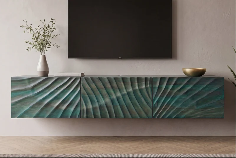Meuble TV massif SCORPION 160cm meuble bas suspendu en manguier turquoise