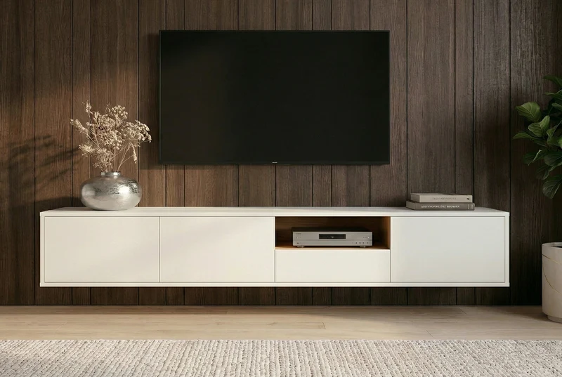 TV-Board suspendu LOFT 200 cm blanc naturel sept compartiments avec tiroir