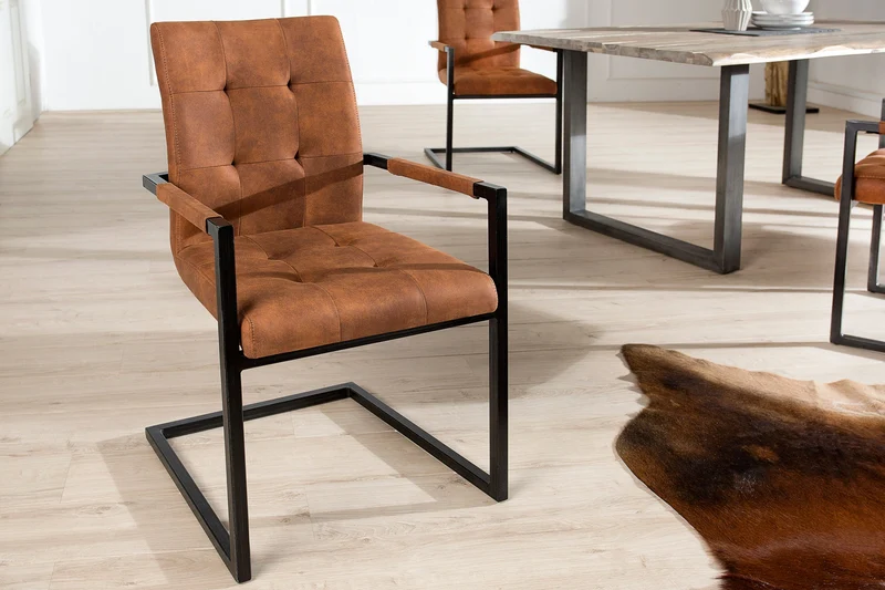 Lot de 2x chaises cantilever design OXFORD marron vintage avec accoudoirs et structure en fer