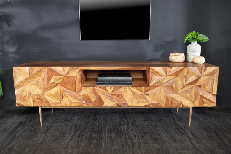 Meuble TV massif ALPINE 160cm marron finition pierre Sheesham métal doré mat