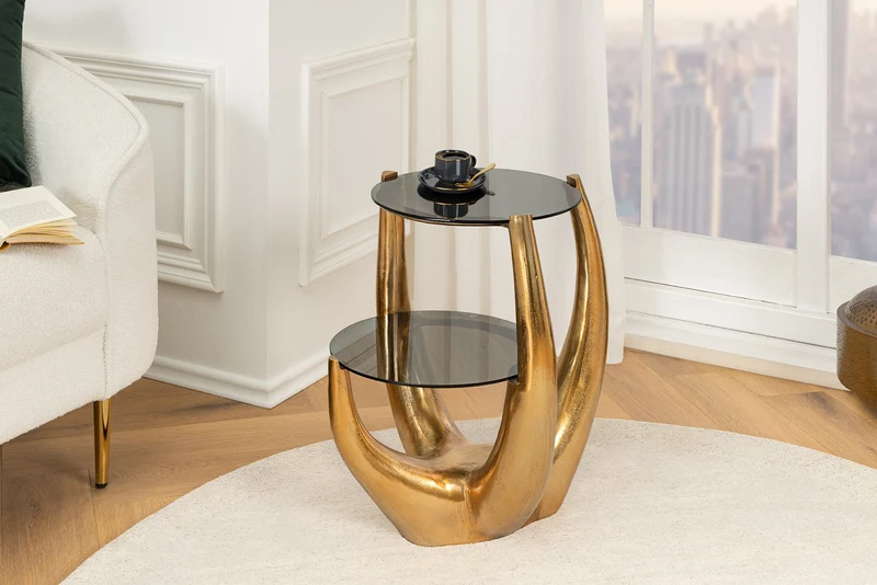 Table d'appoint LEVELS 50 cm en métal noir, verre noir antique, fait main