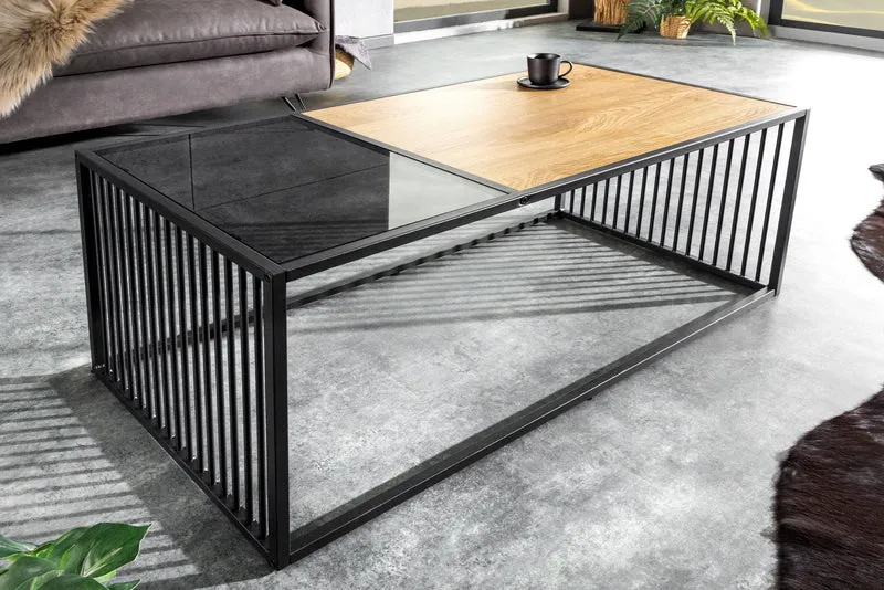 Table basse design ARCHITECTURE 100cm chêne sauvage noir verre fumé métal bois