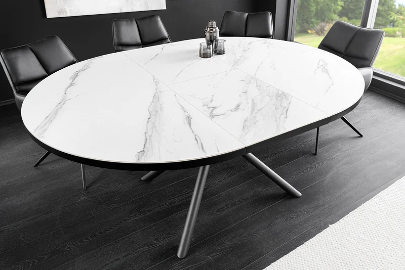 Table à manger extensible MIKADO 120-160 cm en céramique blanche ovale avec structure étoile noire