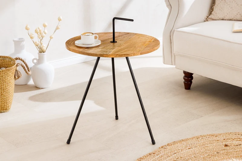 Table d’appoint artisanale SIMPLY CLEVER 60cm en manguier naturel avec poignée