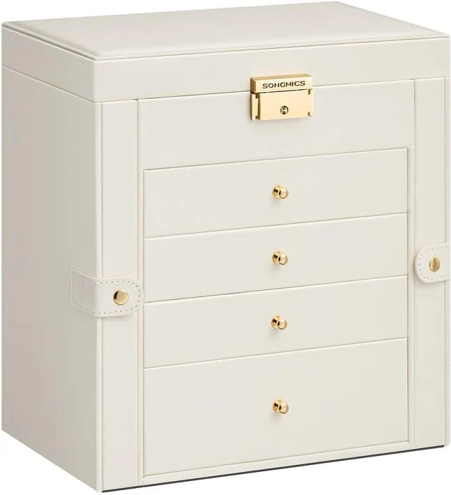 Boîte à bijoux grand modèle avec miroir 15 x 26,2 x 28 cm design élégant rangement pour bracelets colliers en PU blanc crème 12_0009593