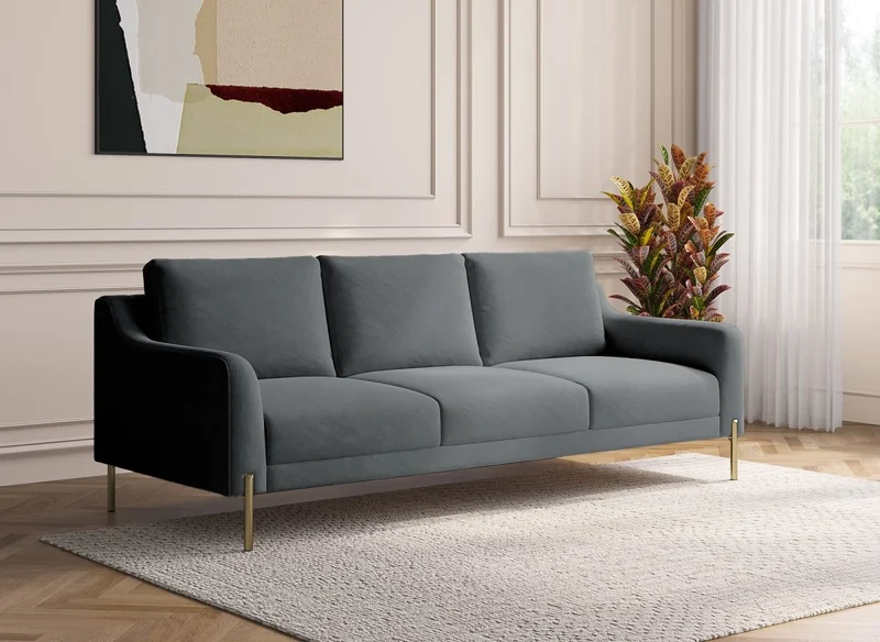 Canapé droit fixe 3 places en velours gris CELINE