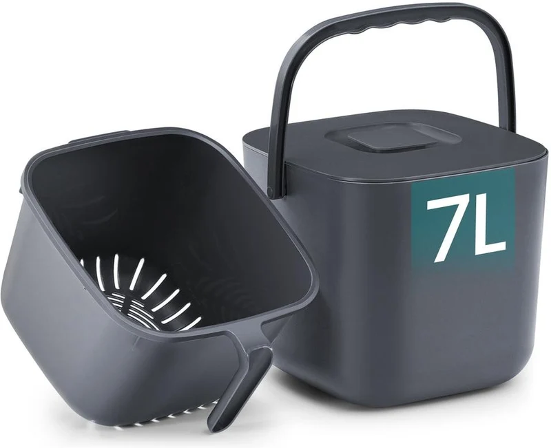 Poubelle compost 7 L pratique cuisine 24 x 20 x 19,5 cm avec couvercle anti-odeur en plastique gris foncé 12_0013194