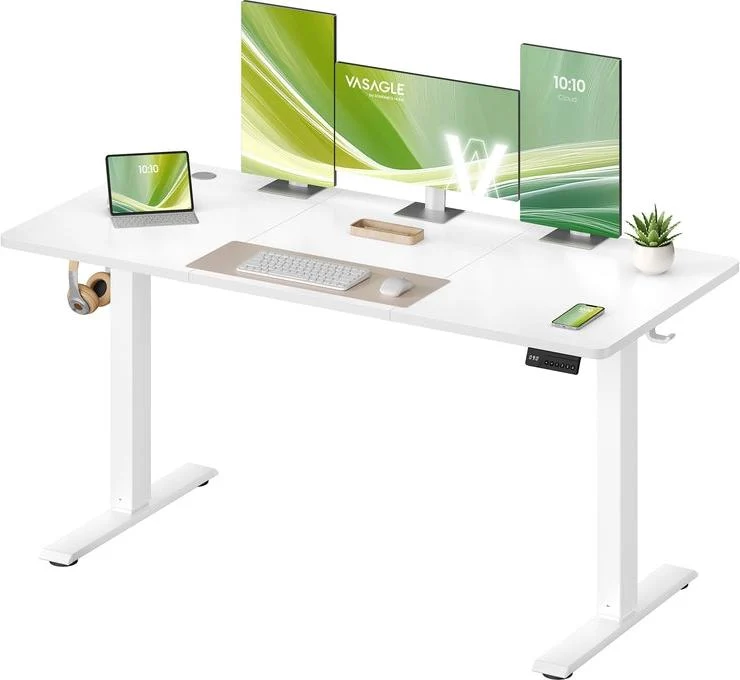 Bureau assis-debout réglable en hauteur 140 x 60 cm fonction mémoire 4 hauteurs style moderne en panneau d'aggloméré blanc 12_0012384