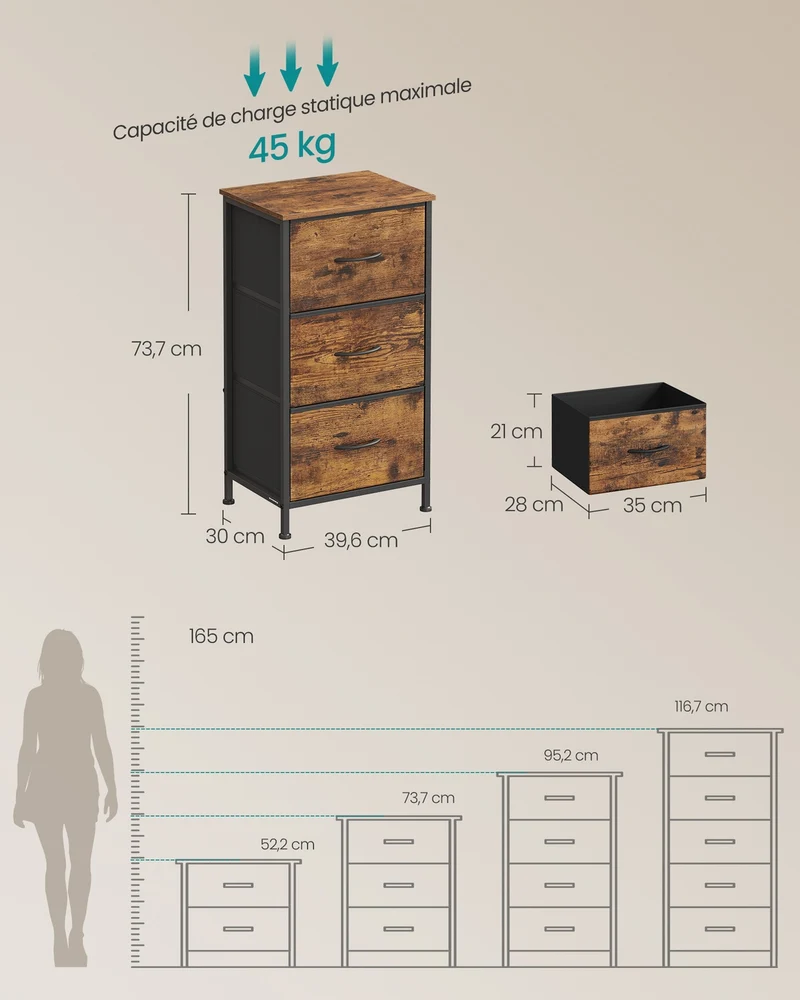 Commode de rangement 30 x 39,6 x 73,7 cm pratique pour chambre couloir salon style rustique en MDF marron 12_0012216