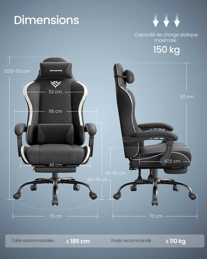 Chaise de bureau ergonomique avec coussin d'assise et accoudoirs réglables 70 x 70 x 133 cm en cuir PU noir 12_0012200