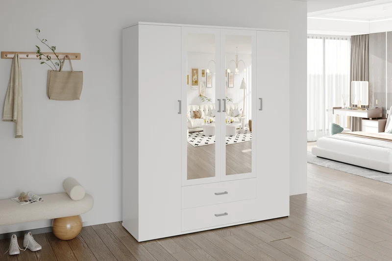 Armoire Marc 4 portes avec 2 miroirs Blanc