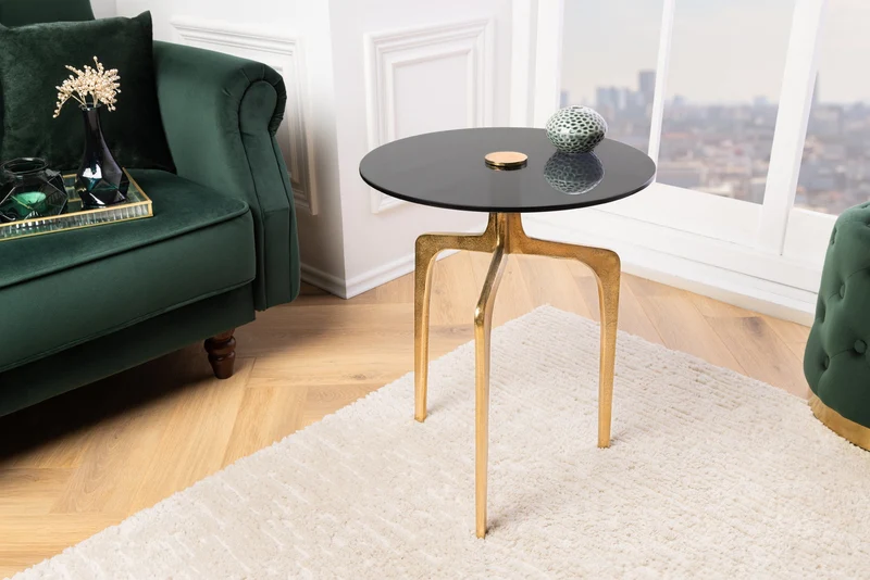 Table d'appoint ronde ABSTRACT 60cm laiton pieds métal doré verre noir fait main