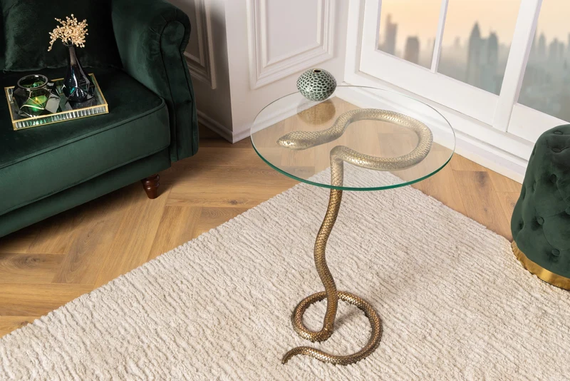 Table d'appoint ronde WILDLIFE SNAKE 65cm cuivre métal antique verre fait main