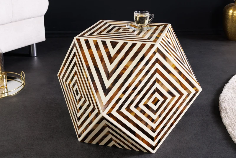 Table d'appoint en marqueterie d'os HARMONY NATURE 60 cm marron blanc incrustation artisanale