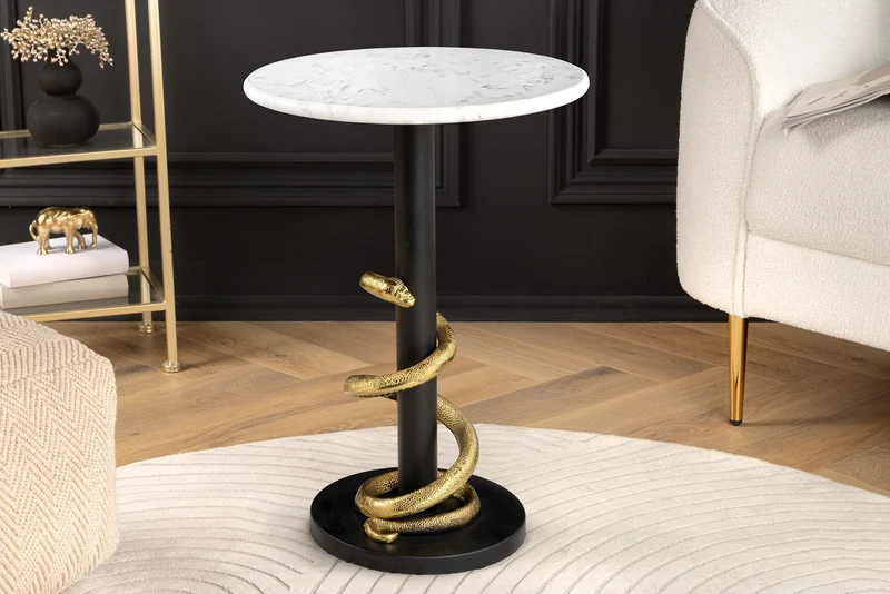 Table d'appoint ronde WILDLIFE SNAKE 55cm marbre blanc doré noir sculpture serpent