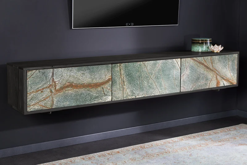 Meuble TV en bois massif MOUNTAIN SOUL 160cm noir suspendu véritable pierre naturelle d’acacia