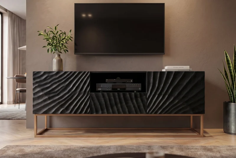 Buffet TV massif SCORPION 160cm en bois de manguier noir avec sculptures 3D élaborées