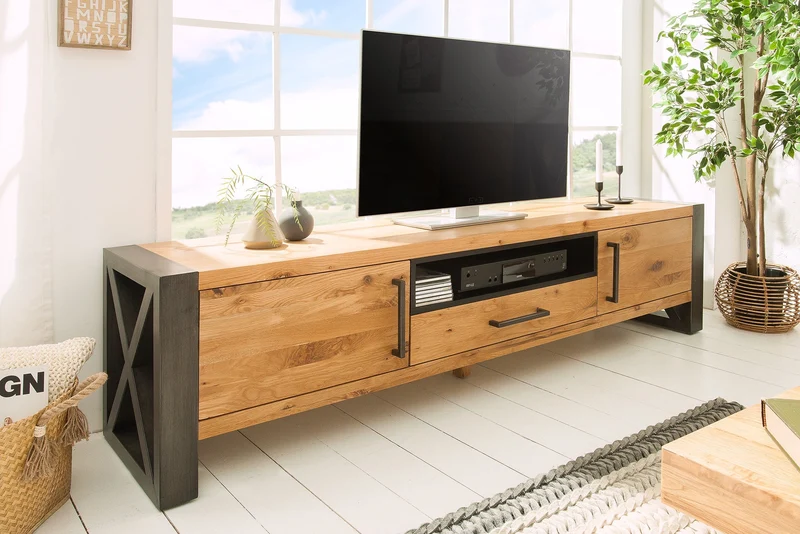 Meuble TV massif THOR 200 cm en chêne sauvage huilé au design industriel