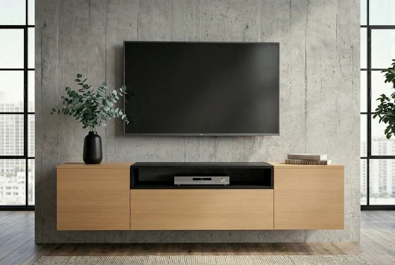TV-Board suspendu LOFT 160cm naturel noir trois compartiments avec tiroir