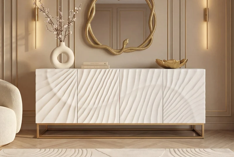 Buffet massif SCORPION 180cm bois de manguier blanc métal doré sculptures 3D
