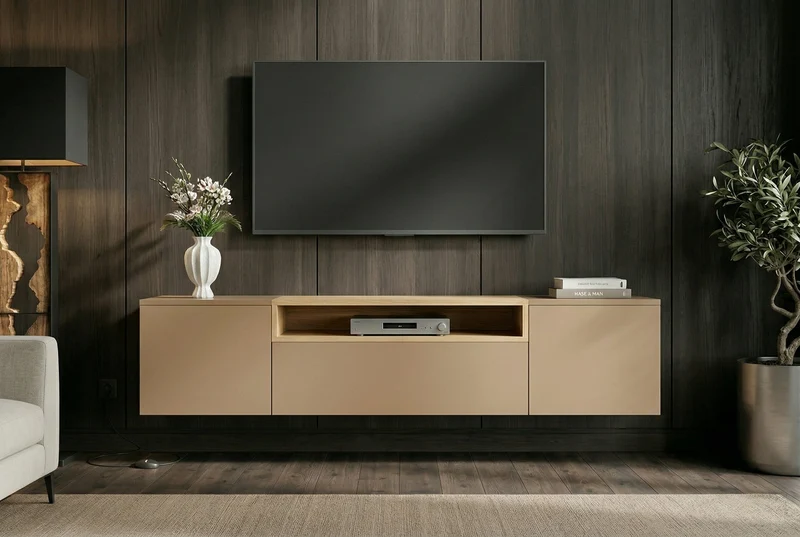 TV-Board LOFT 160cm naturel gris beige greige trois compartiments avec tiroir
