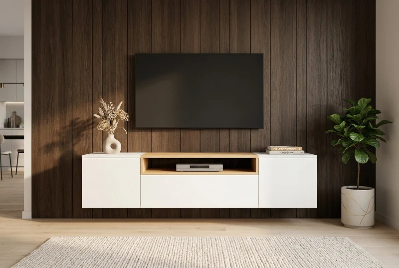 TV-Board suspendu LOFT 160 cm blanc naturel trois compartiments avec tiroir