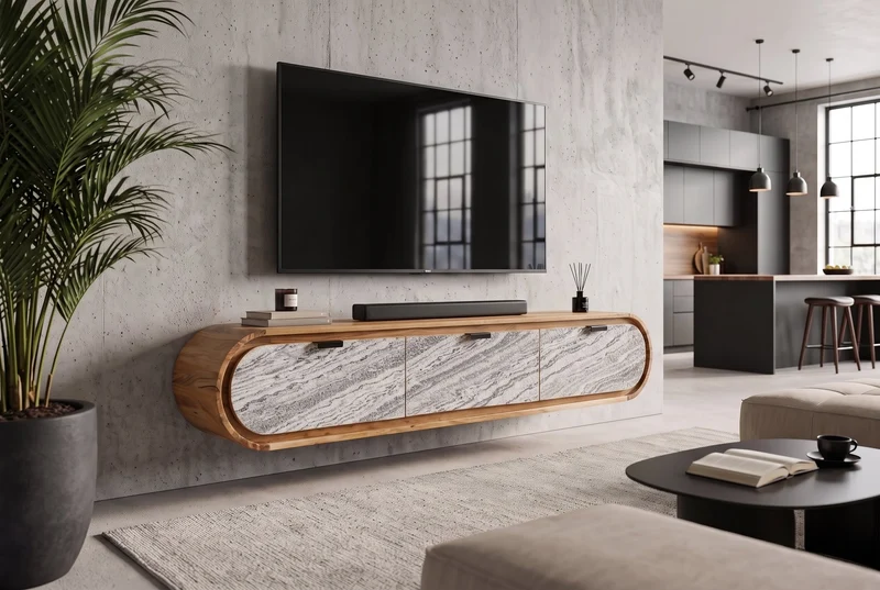 TV-Board ORGANIC 160cm suspendu en acacia naturel noir blanc revêtement pierre tiroirs