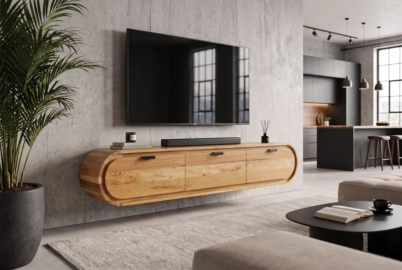 TV-Board suspendu ORGANIC 160cm naturel bois d'acacia massif handmade avec tiroirs