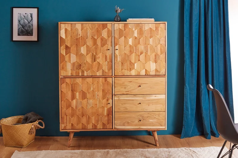 Bois massif Highboard MYSTIC LIVING 140cm acacia naturel surface 3D