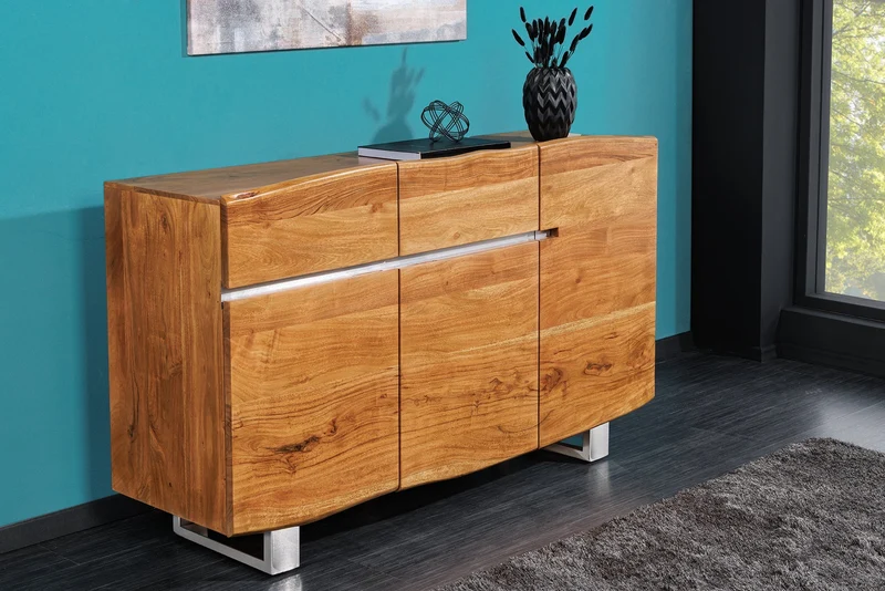Buffet en bois massif MAMMUT 135cm commode en acacia bord d’arbre en acier inoxydable