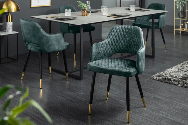 Lot de 2x chaises élégante PARIS en velours pétrole, surpiqûres décoratives, embouts dorés, design rétro, avec accoudoirs