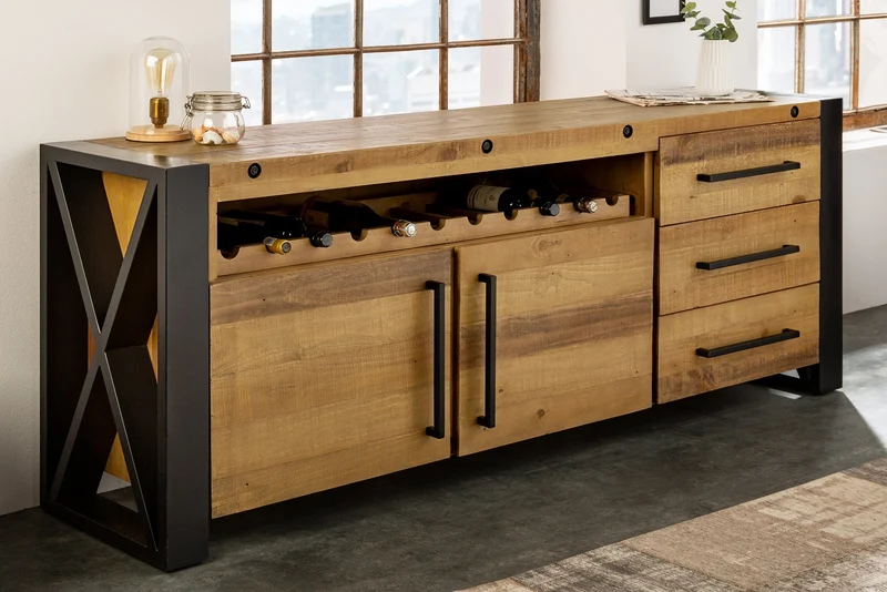 Buffet en bois massif THOR 195cm pin marron avec tiroirs casier à vin design industriel