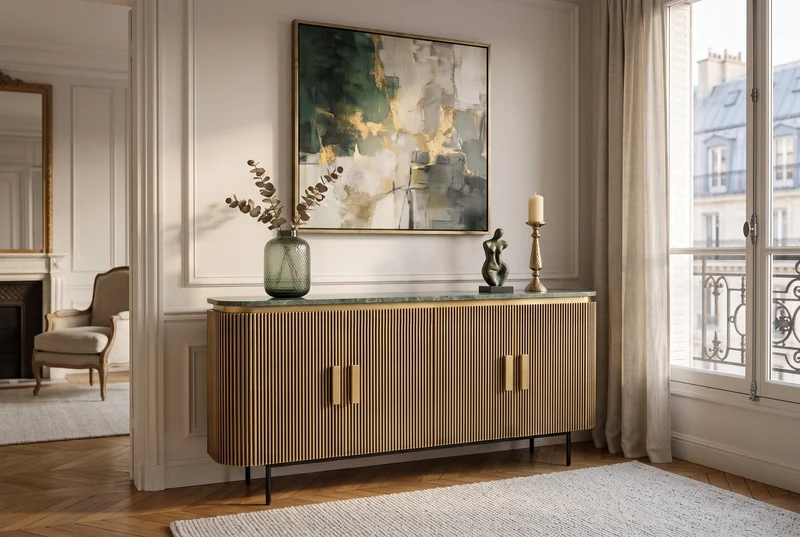 Buffet design VENEZIANO 160cm laiton dessus marbre vert manguier rétro