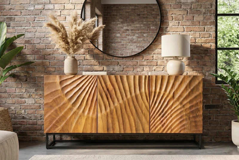 Buffet massif SCORPION 140cm en bois de manguier marron avec sculptures 3D élaborées