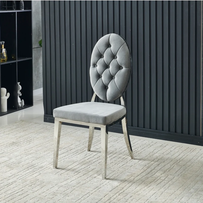 Chaise Ova Argent velours gris Style Médaillon Capitonné
