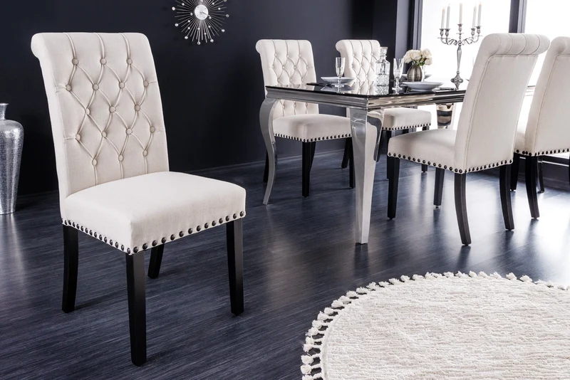 Lot de 2x chaises design CASTLE tissu texturé beige noir pieds bois Chesterfield