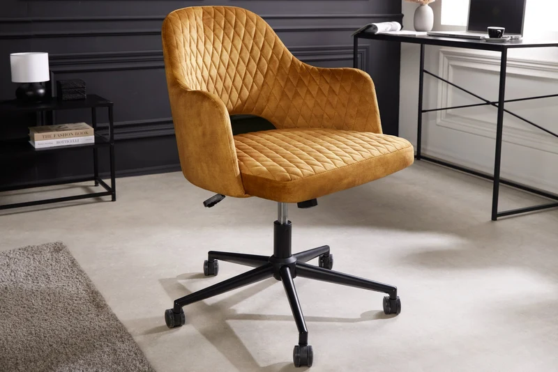 Lot de 2x chaises de bureau réglable en hauteur PARIS velours jaune moutarde accoudoirs noirs chaise pivotante