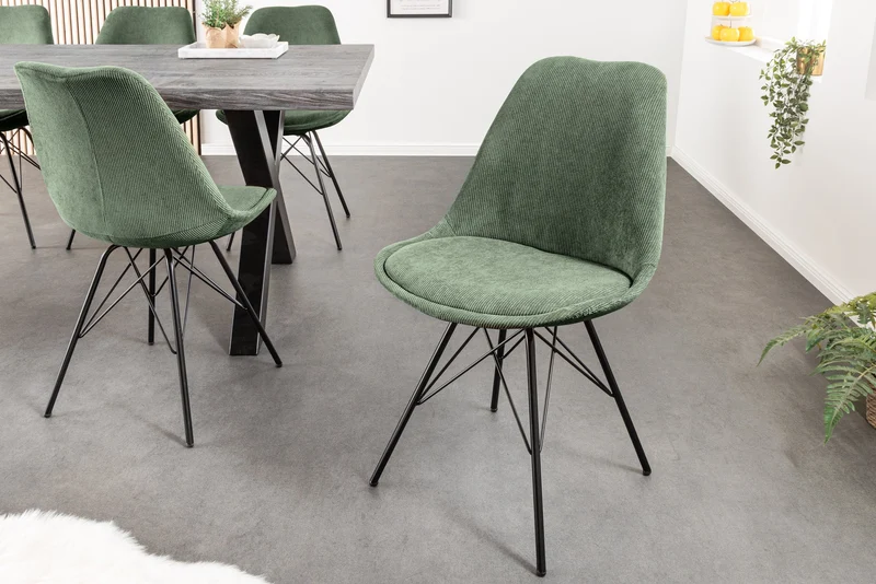 Lot de 2x chaises design SCANDINAVIA MEISTERSTÜCK velours côtelé vert structure métal noir