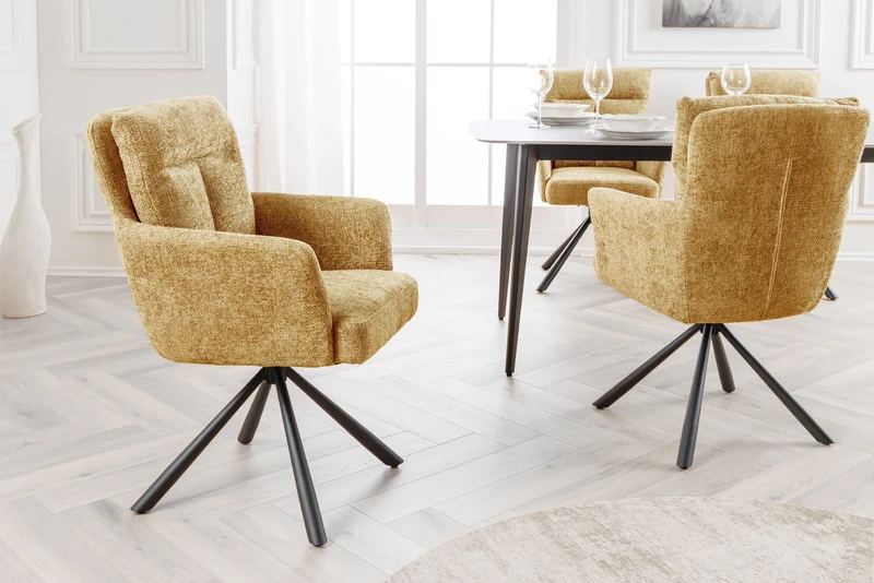Lot de 2x chaises pivotante BIG GEORGE en tissu texturé jaune moutarde avec accoudoirs en métal noir
