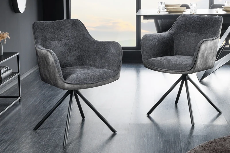 Lot de 2x chaises pivotante VERONA en tissu texturé velours gris foncé avec accoudoirs et pieds en métal noir