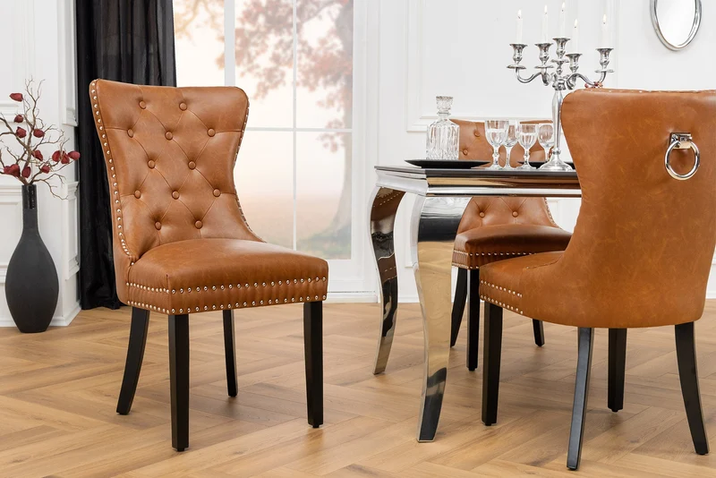 Lot de 2x chaises Chesterfield CASTLE en similicuir noir et bois massif avec poignée confort