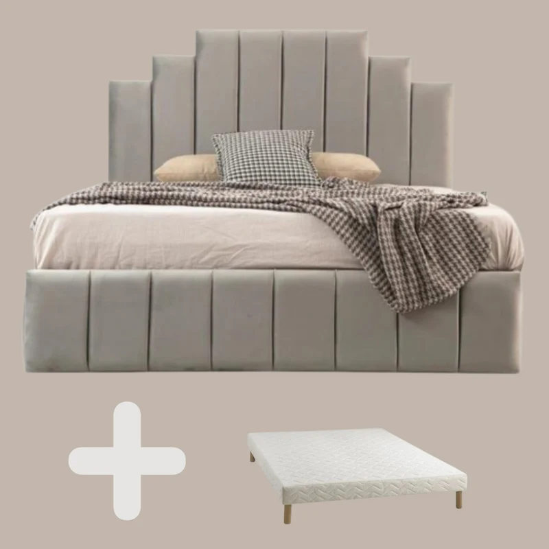 Cadre de Lit velours Gris Natura + Sommier Tapisser