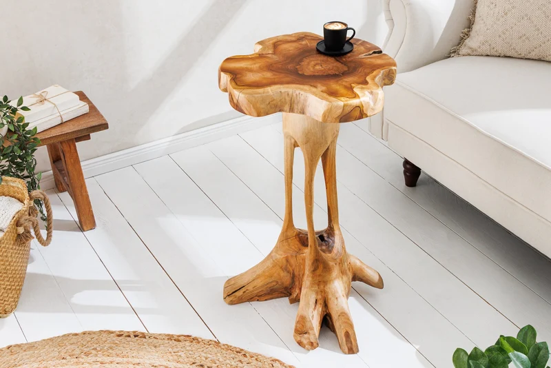Table d'appoint en bois massif ROOT 70cm en teck naturel en bois de racine au design sur pilotis