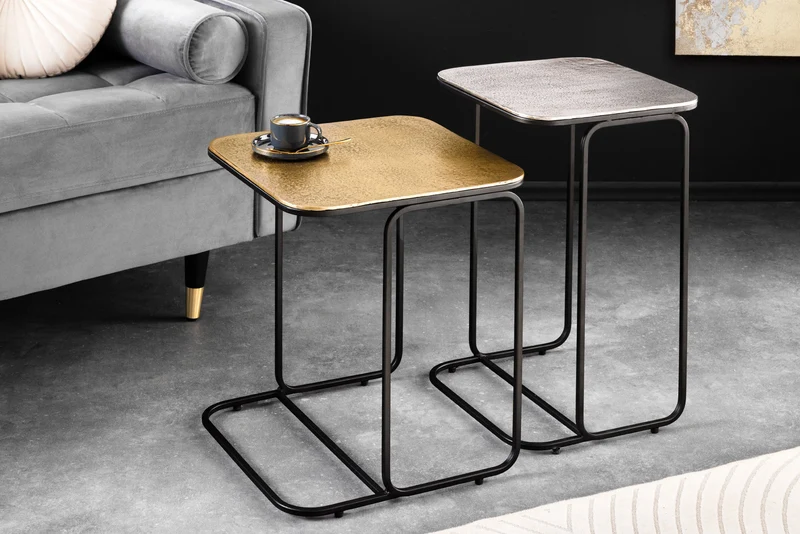 Lot de 2 tables d'appoint ABSTRACT 55cm or argent noir métal fait main
