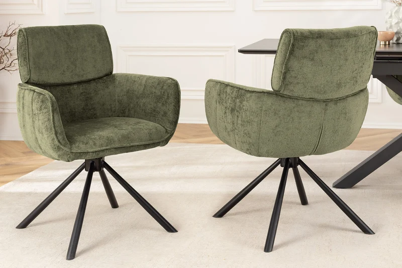 Lot de 2x chaises pivotante rétro UNIQUE chenille verte pieds en métal noir avec accoudoirs