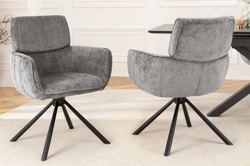 Lot de 2x chaises pivotante rétro UNIQUE chenille grise structure en métal noir avec accoudoirs