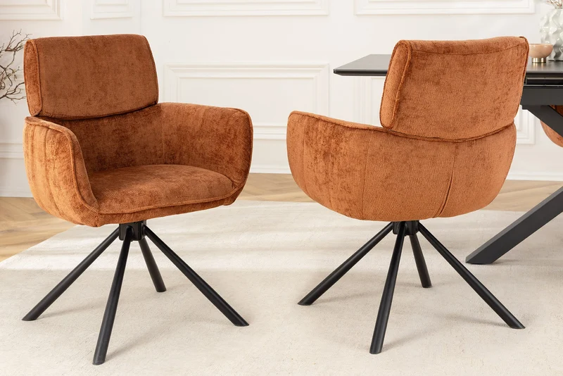 Lot de 2x chaises pivotante rétro UNIQUE en chenille marron rouille pieds en métal noir avec accoudoirs