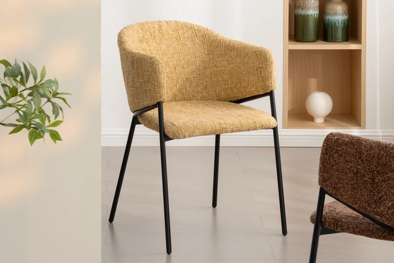 Lot de 2x chaises design NOBLESSE en chenille jaune moutarde, structure en métal noir