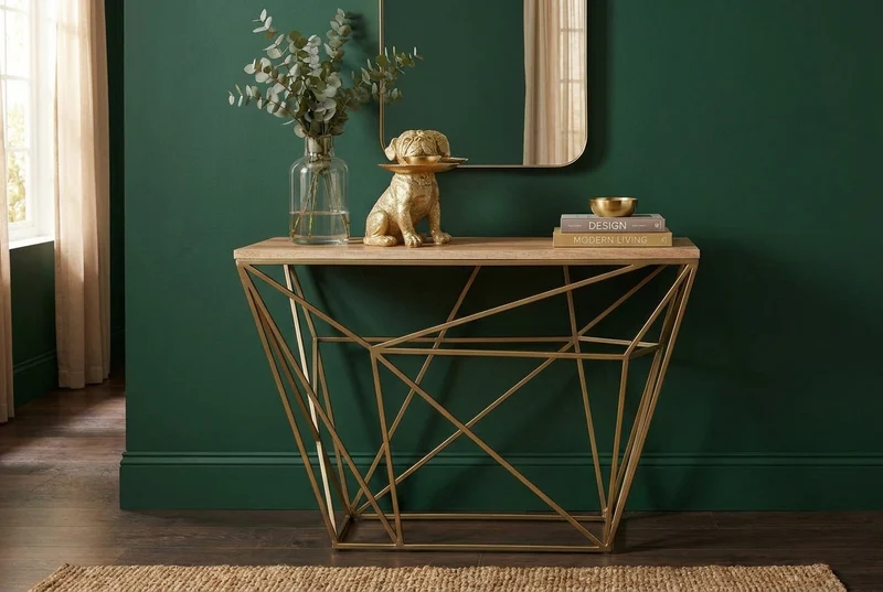 Table console abstraite DIAMOND 120cm laiton naturel structure métal bois de manguier